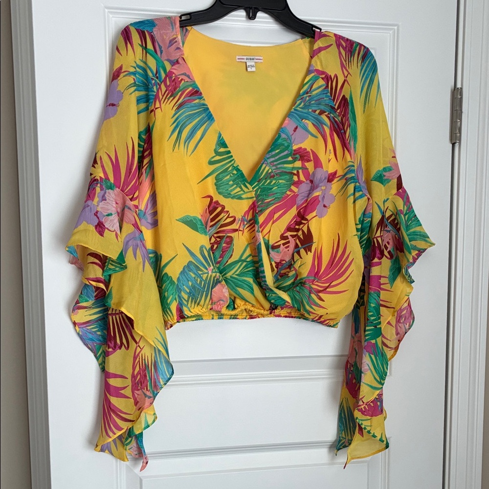Guess Yellow Tropical Floral Wrap Top
